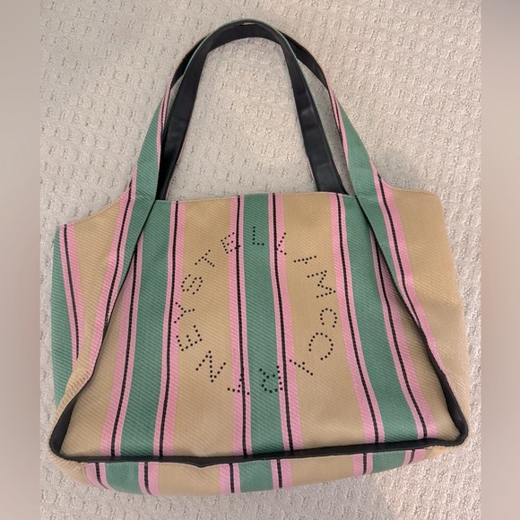 Stella McCartney Large Logo Striped Tote Bag Womens TanGreen Pink Black interior - Picture 6 of 15